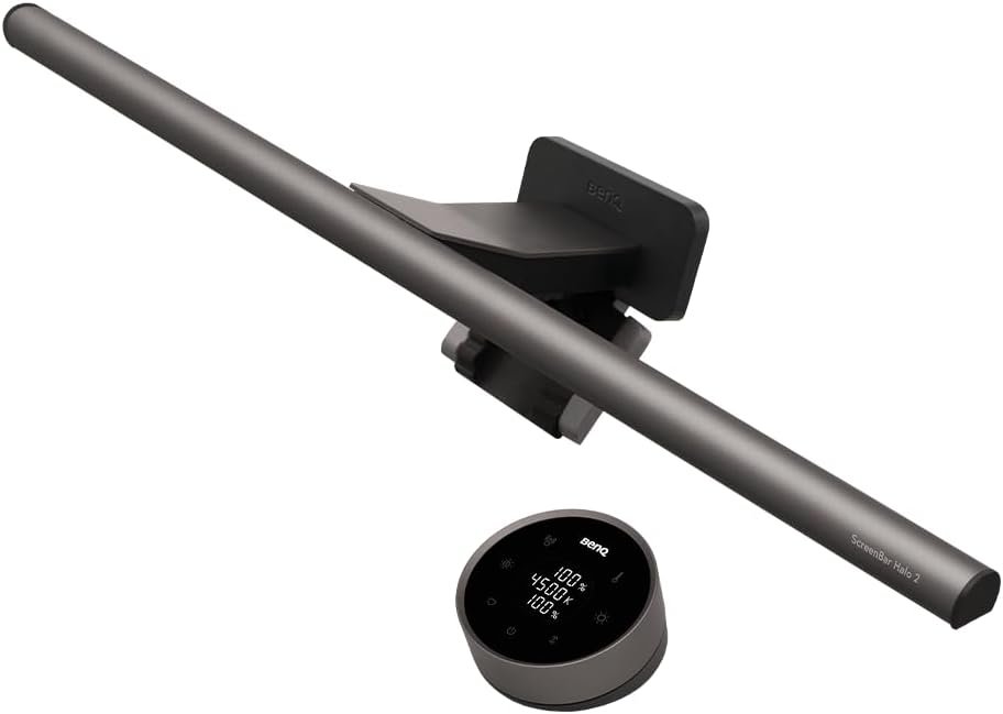 BenQ ScreenBar review 2026 monitor light mounted on display providing glare-free desk lighting