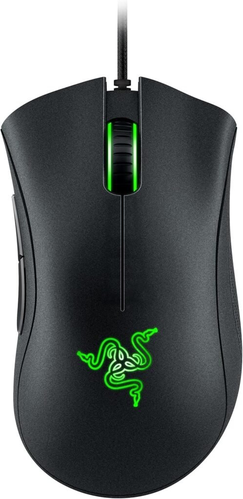 Razer DeathAdder V2 review 2026 ergonomic gaming mouse with RGB logo on a dark desk setup